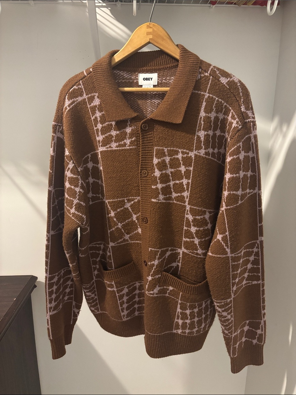 OBEY Patchwork Knit Cardigan Brown Geometric Pattern Collared Sweater L
